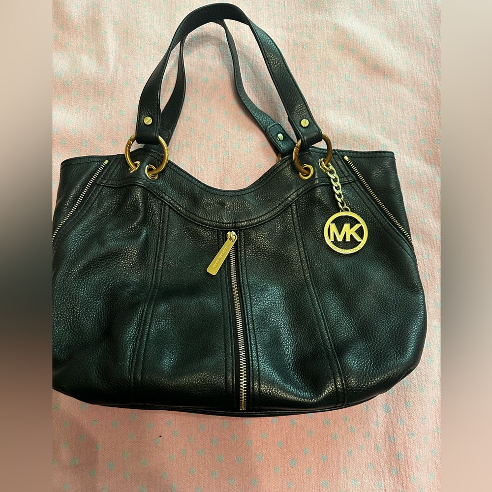 Michael Kors Black Genuine Pebble Leather Tote Bag Purse Shoulder Strap MK Charm